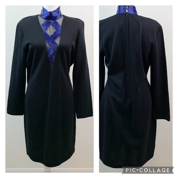 Vintage wool blend 90s beaded sheer illusion deep V neck fitted sheath dress EUC - Picture 2 of 13